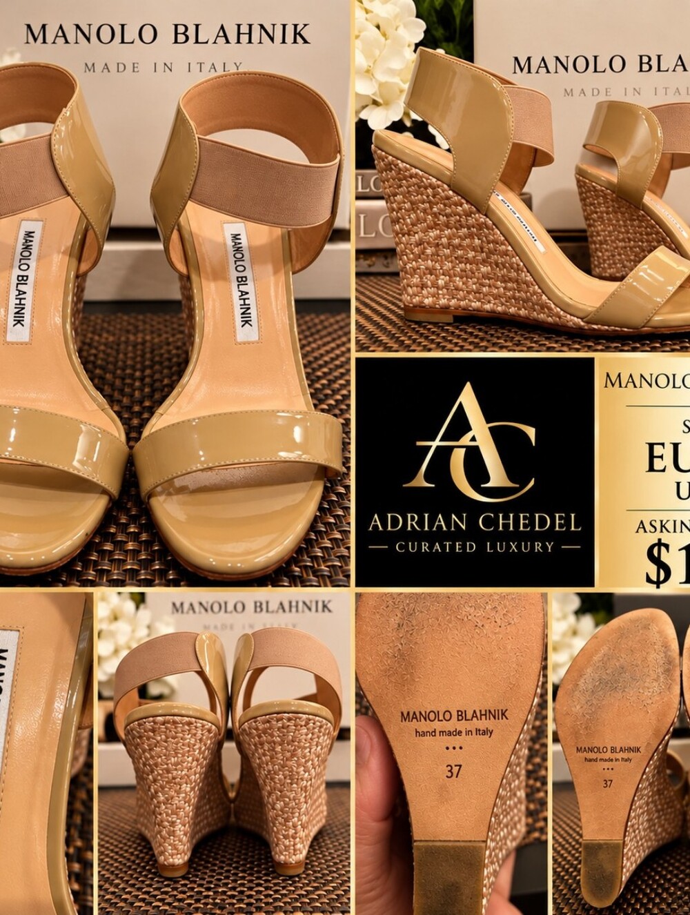 Manolo Blahnik Nude Patent Woven Wedge Sandals